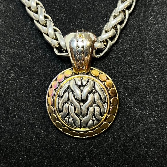 Vintage Chunky 17" Silver Tone Foxtail Necklace W/Heavy 2 Toned Pendant (3736) - Picture 2 of 6